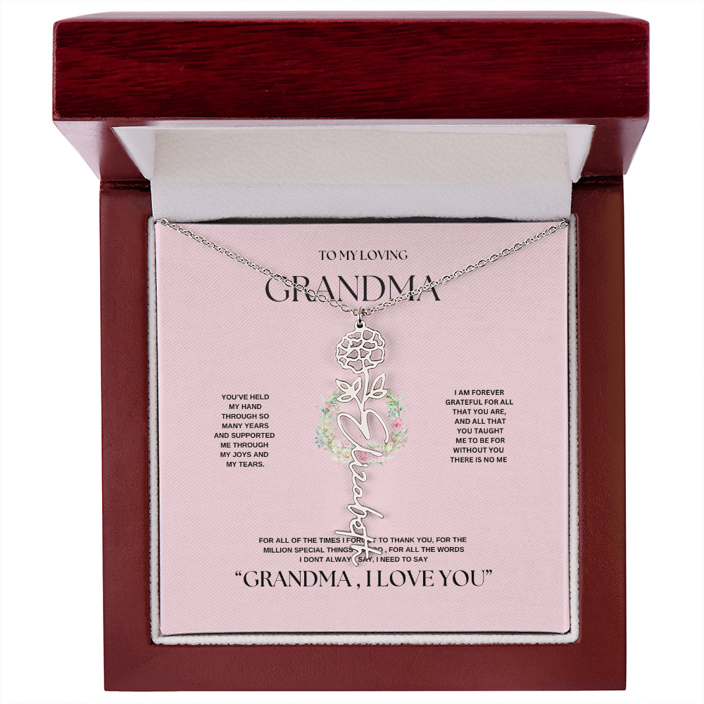 "To Grandma, With Love" Personalized Bith Month Flower Necklace